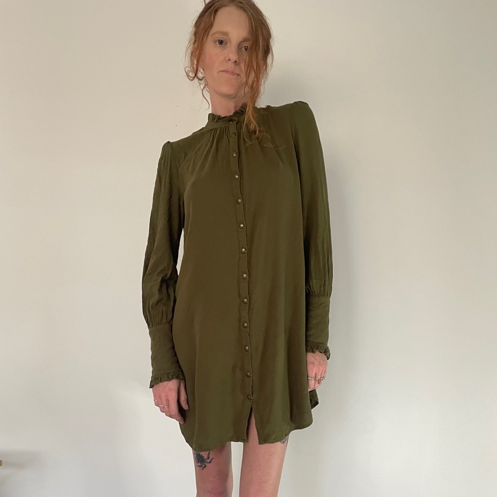 FREE PEOPLE Button Down Olive Dress with Beautiful Ruffle Collar and Cuff Detail